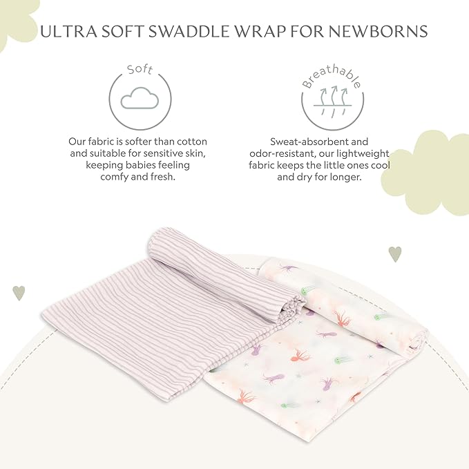 Muslin Baby Swaddle - Breathable Receiving Blankets for Newborn Baby, 70% Viscose derived from Bamboo, 30% Spandex, Imported