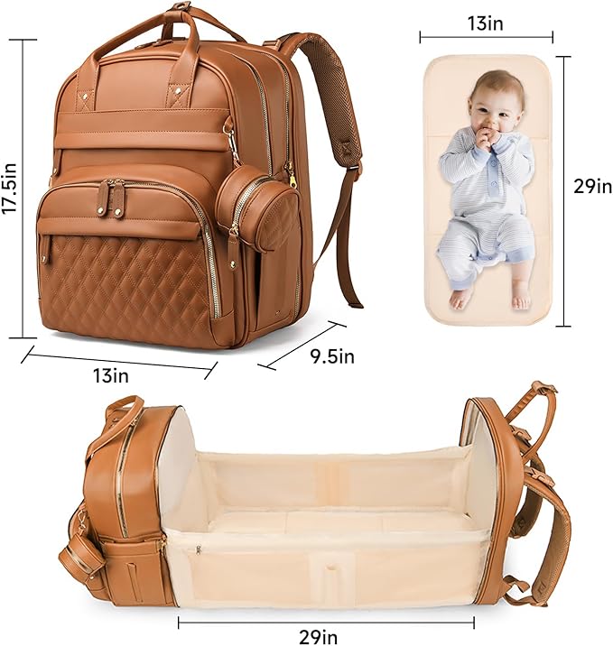Leather Diaper Bags with Changing Station，Baby Bag，Large Capacity Diaper Bag Backpack for Moms Dads,Waterproof Diaper Backpack（Brown）