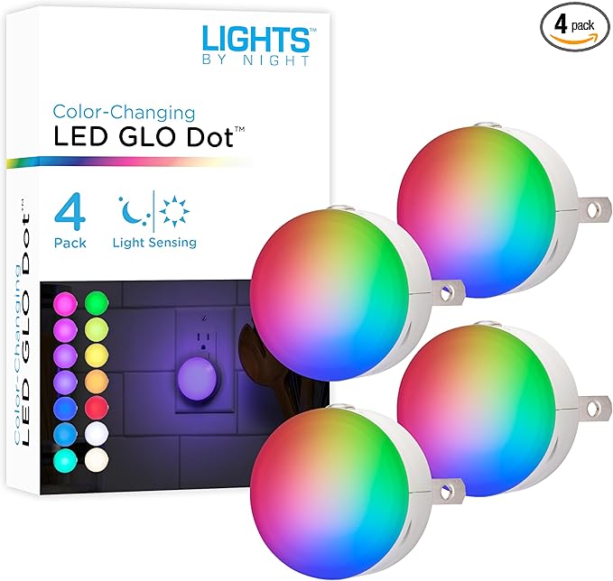 Lights by Night Color Changing Mini LED Night Light, Plug-in, Dusk to Dawn Sensor, Compact, 3 Modes, Ambient Lighting, for Kids or Adults, Bedroom, Bathroom, Nursery, Hallway, 4 Pack, 72961