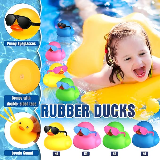 Chivao 36 Pcs Mini Rubber Ducks with 36 Sunglasses Rubber Ducks in Bulk Bathtub Duckies Toys for Kids Christmas Valentine Gifts Birthday Party Favors Cruise(Multi Color,Duck with Sunglasses)
