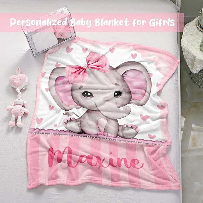 Personalized Baby Blanket for Girls, Custom Baby Blanket with Name, Soft Cozy Personalized Name Blankets for Kids, Customized Elephant Blanket for Infant Toddler Birthday Christmas