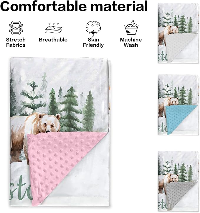 Custom Name Baby Receiving Blanket – Cozy Flannel with Double-Layer Dotted Backing – Bear in Forest Theme for Newborns and Toddlers