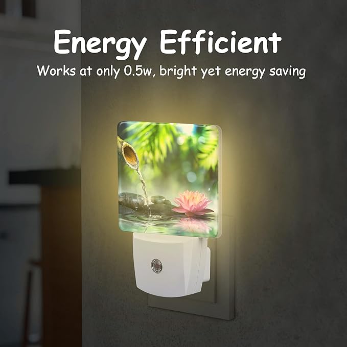 Black Stones and Pink Waterlily Night Light,Bamboo Pool Zen Garden Plug-in Night Light Auto Dusk-to-Dawn Sensor Energy Efficient LED Lamp for Room Decor,Hallway,Kitchen,Bathroom,Nursery,Stairs