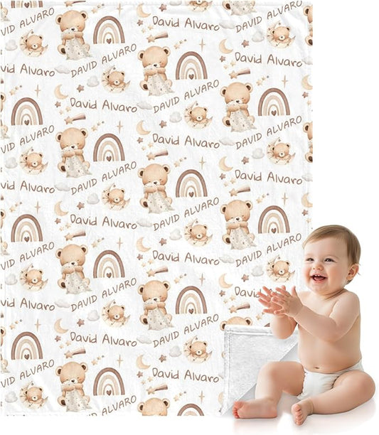 Ship Next Day, Personalized Baby Blanket for Boys Girls - Printed in USA, Custom Name Toddler Blanket with Sleep Bear Pattern, Perfect Newborn Gift