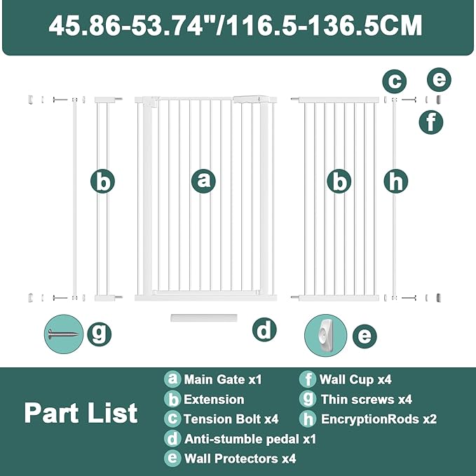 40.55" Tall 1.37" Ultra Narrow Spacing Dogs Pets Baby Gate for Doorway Hallway Safety Proof Indoor 45.86-53.74" Extra Wide Puppy Pressure Mounted No Drill Walk Through White Metal