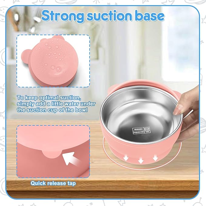 2 Pack Stainless Steel Baby Bowls with Removable Non-Slip Silicone Suction Shell, Anti Scald Food Container for Baby Food Feeding, Forks + Spoons Included-Blue & Pink