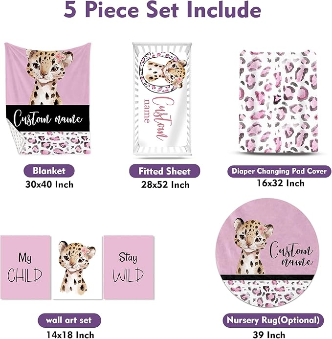 Personalized Nursery Crib Bedding Set: Custom Name Pink 5 Piece Baby Crib Sets with Leopard Design - Toddler Double Layer Blanket Set, Comfortable Crib Bed Sheets for Baby Grils