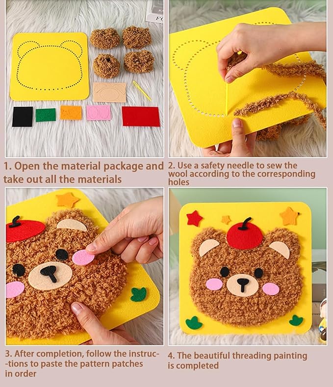 First Sewing Kit for Beginner Kids Arts & Crafts, 5 Easy DIY Embroidery Projects Animal Dolls Set, Gift for Girls, Boys, Learn to Sew