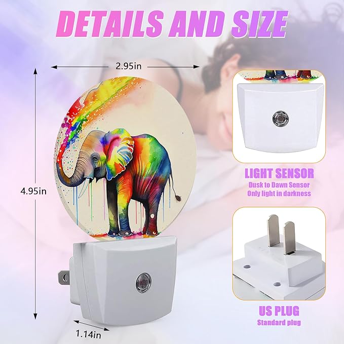 Colorful Elephant Night Light LED Lamp Round Plug into Wall Nightlight with Dusk to Dawn Sensor Home Hallway Stairway Kitchen Decor