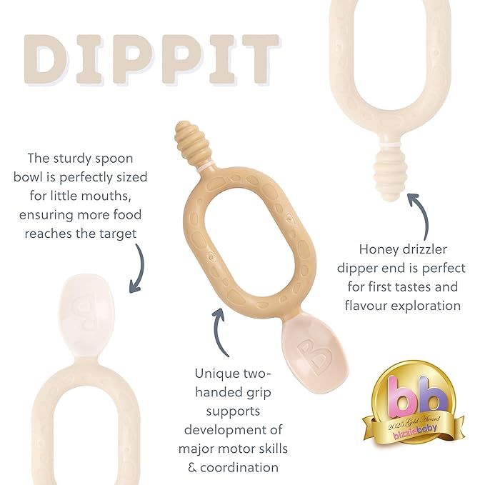 Bibado - Dippit Baby Spoon and Dipper, Fawn (2-Pack) - Soft, Chewable Dipper & Deep Spoon - Two-Hand, Sensory Grip - Toddler Utensils - Baby Led Weaning Supplies - Baby Essentials - 6 Months+