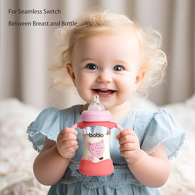 YOHKOH Natural Glass Baby Bottle with Natural Response Nipple, Wide Neck Baby Bottles with Handle, Newborn Anti-Colic Baby Bottles Gift Set, Clear (5.4oz (Pack of 2), Red)