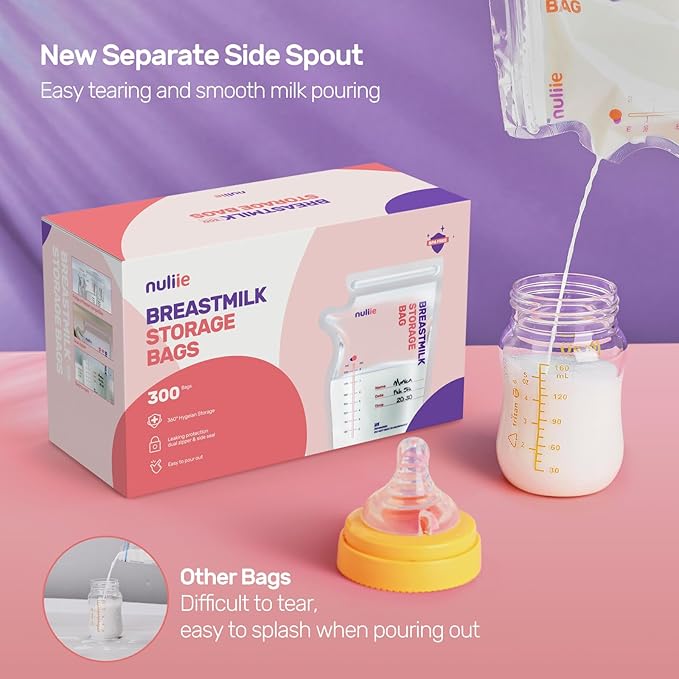 Nuliie 300 Pcs Breastmilk Storage Bags, 8 OZ Breast Milk Storing Bags, BPA-Free, Milk Storage Bags with Pour Spout for Breastfeeding, Self-Standing Bag, Space Saving Flat Profile