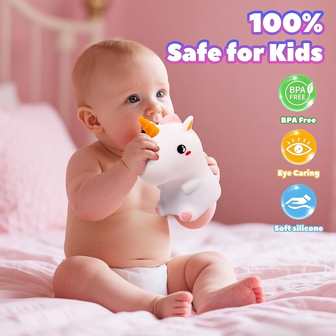 Night Light for Kids, Rechargeable Dimmable Silicone LED Nightlight with 7 Colors, Baby Nursery Night Lamp, Touch Squishy Lamp, Cute Gifts for Girls, Boys, Toddler Room Decor, Unicorn