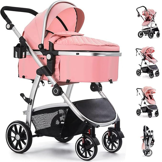 Baby Stroller, 2-in-1 Reversible Toddler Seat with Bassinet Mode, Foldable Infant Stroller with Canopy, One Button Brake, Adjustable Handle, Newborn Pushchair(Pink)