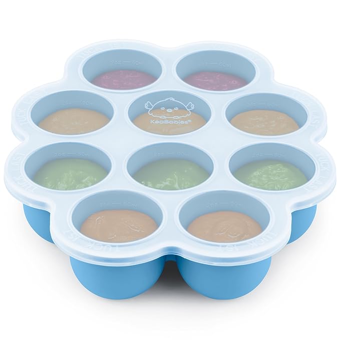 KeaBabies Silicone Food Freezer Trays with Lid, 2oz x 10 Pods Baby Food Storage Containers, Easy Puree Meal Prep, Breast Milk Silicone Freezer Molds, Dishwasher, Microwave Safe, BPA-Free (Misty Blue)