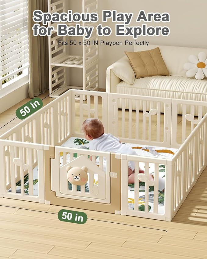 Premium Foam Baby Play Mat 50x50 – Removable & Machine Washable Cover, Extra Thick Padding Playpen Mat, Non-Slip Crawling Mat, Easy to Clean for Infants, Toddlers & Babies