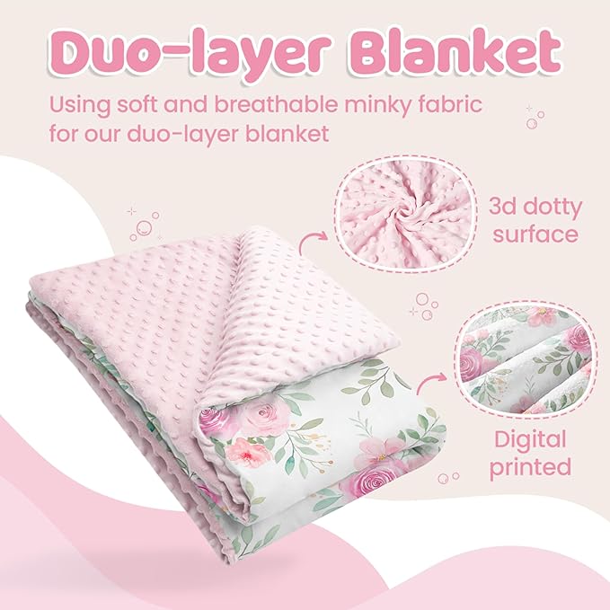 Floral Minky Baby Blanket 30 x 40 Inches for Girls, Soft Plush Receiving Blanket with Dotted Back, Gift for Newborn Infant Toddlers, Baby Shower, Christmas Birthday