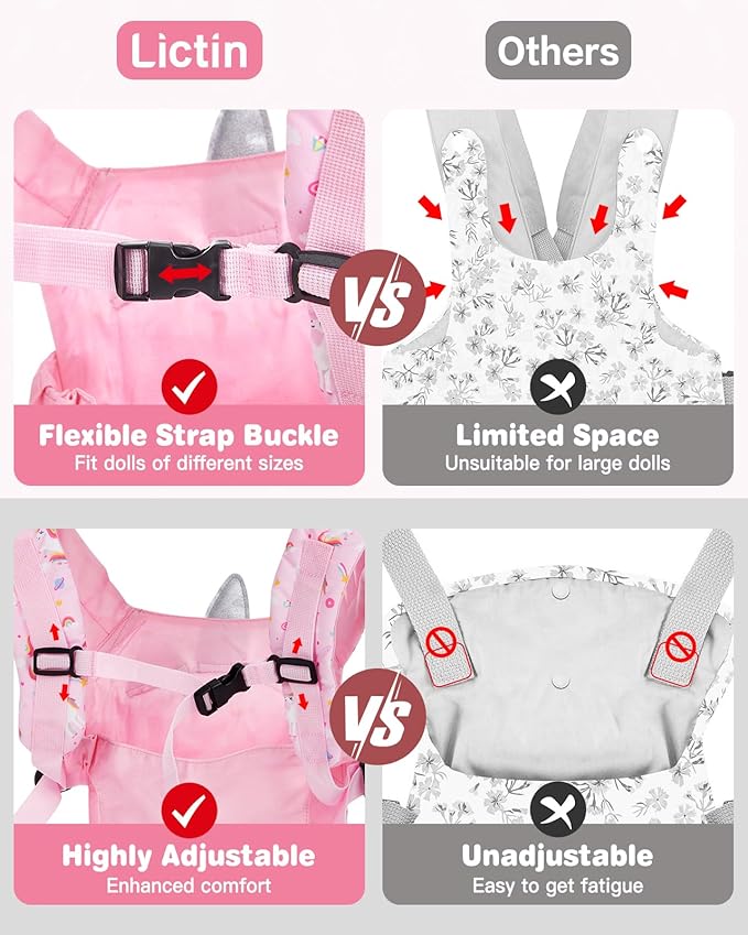Lictin Baby Doll Carrier, Front and Back Doll Accessories Carrier for Little Girls, with Adjustable Straps for Stuffed Animal Reborn Baby Doll, Pink Unicorn