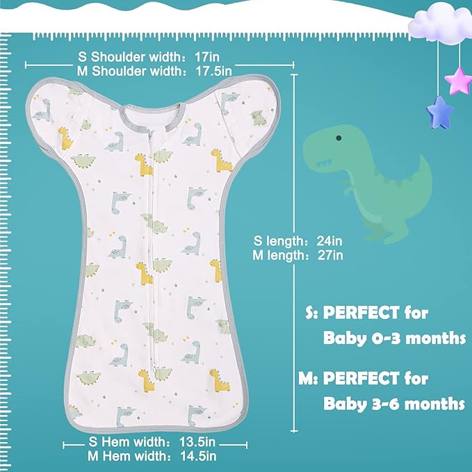 2 Pack Transition Swaddle with 2 Way Zipper, 2 in 1 Arms in/Out Transitional Arms Up Swaddle, 100% Cotton Newborn Swaddles Zipper Swaddles Baby Swaddling Sack Sleep Sack 3-6 Months, Dinosaur & Bear