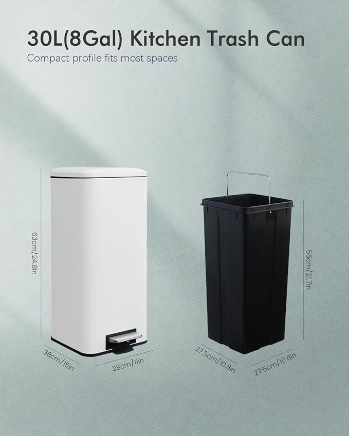8 Gallon Square Trash Can with Lid, White Kitchen Trash Can with Soft Close, InnerBucket & Steel Pedal, Stainless Steel Garbage Can for Kitchen, Laundry Room, Office, Bathroom, Dorm
