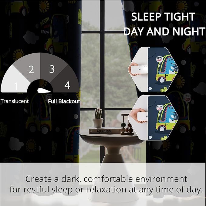 Kids Dinosaur Blackout Curtains - 2 Panels, Each W52*L63 with 100% Blackout, Thermal Insulated, and Noise Reducing, Perfect for Kids Room, Bedroom, Nursery