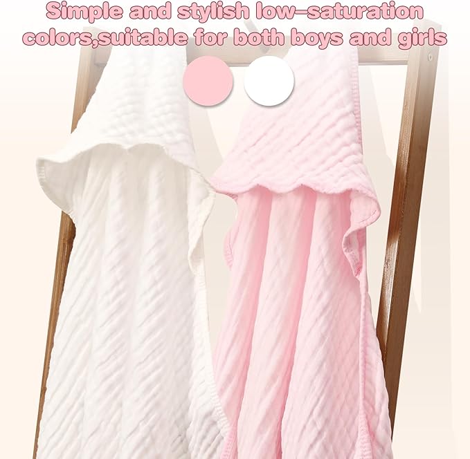 MUKIN Baby Hooded Towels, Muslin Cotton, 2-Pack, for Newborn, Infant, Toddler and Kids (White,Pink)