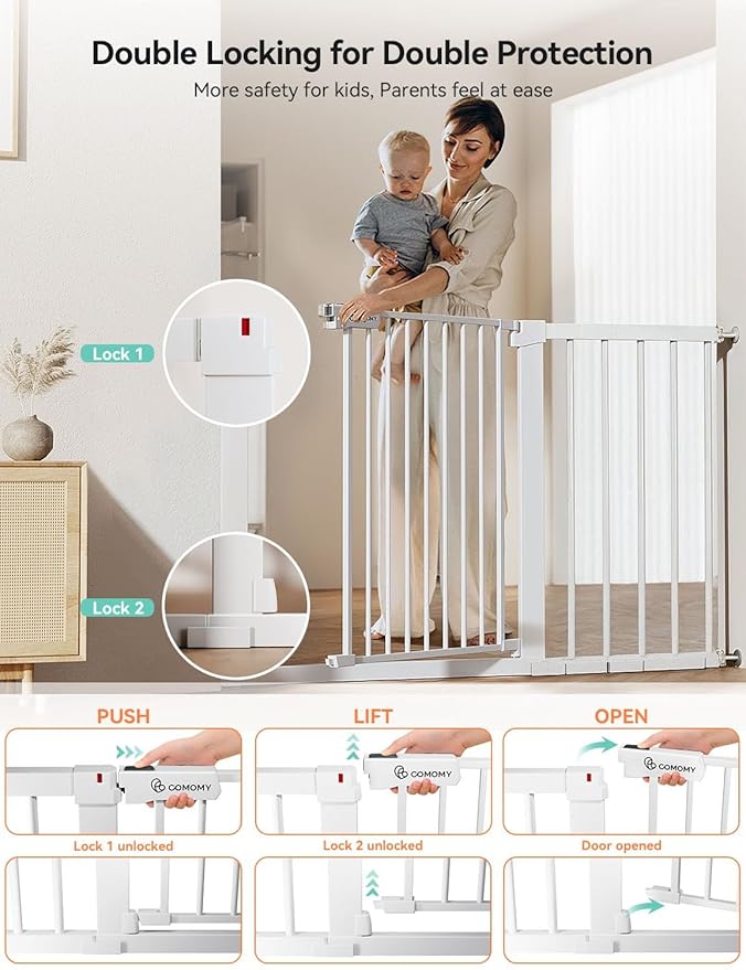COMOMY 30" Tall Baby Gate for Stairs Doorways, Fits Openings 29.5" to 46" Wide, Auto Close Extra Wide Dog Gate for House, Pressure Mounted Easy Walk Through Pet Gate with Door, White