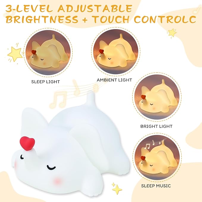 Elephant Night Light for Kids with Music - Squishy Silicone Nursery Lamp, Cute Animal Light 3-Level Dimmable & Rechargeable for Baby Bedroom