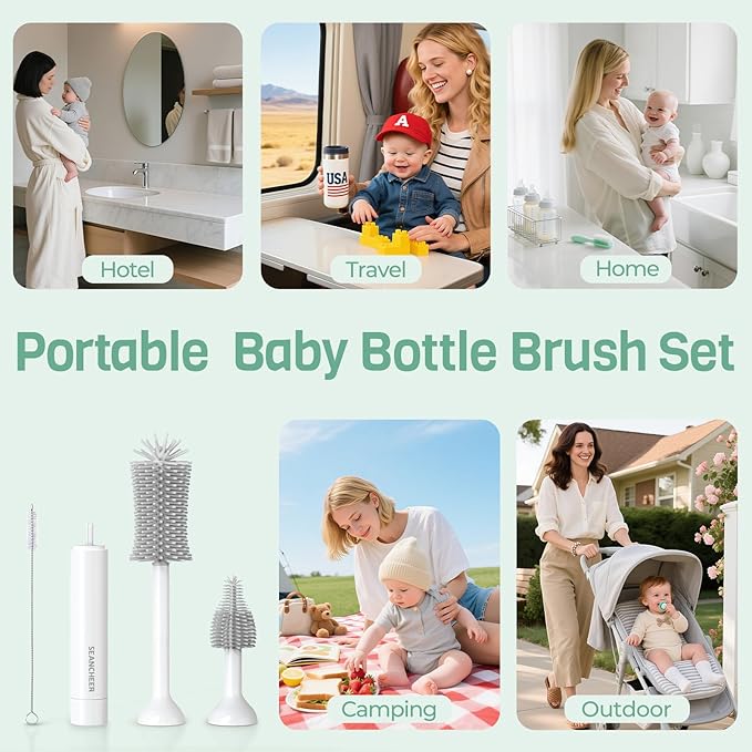 SEANCHEER S02 Electric Bottle Brush Set, Portable Baby Bottle Brush Cleaner, AA Battery-Powered & IPX7 Waterproof, with Silicone Bottle/Nipple/Sponge/Straw Brush, for New Parents (Extra-Long)