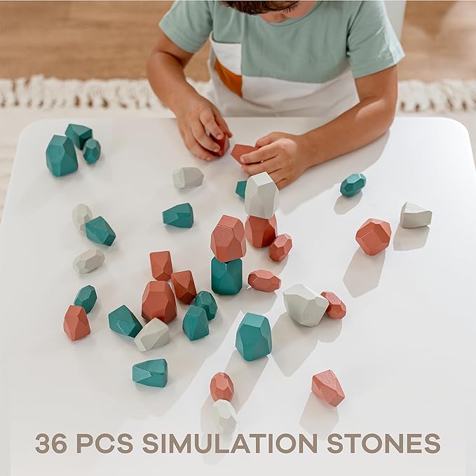 Comfy Cubs Stacking Rocks 36 Pieces, 36 Months+, Educational Toddler Stacking Blocks, Promotes Imagination, Balance & Fine Motor Skills - Wooden Rocks Sensory Toys Gift for Kid, Dino Pack