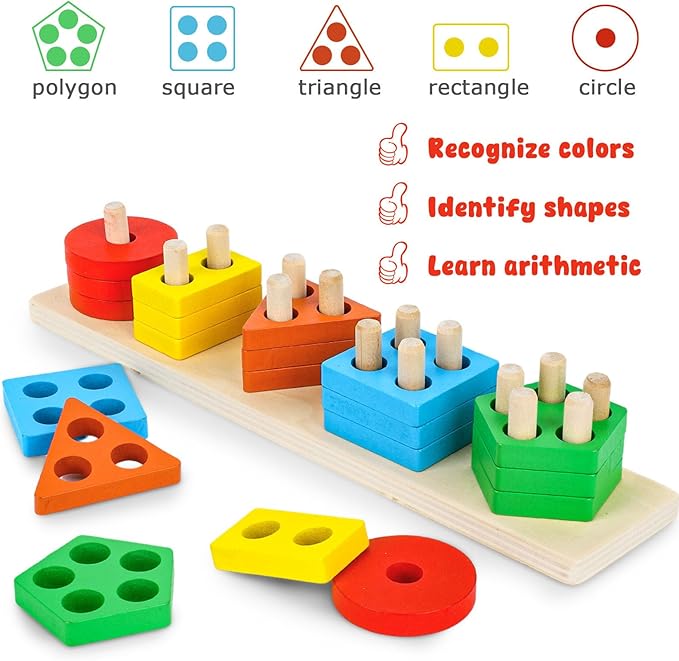 LovesTown Stacking and Sorting Learning Puzzles, Montessori Wooden Sensory Toys for Toddlers, 20 PCS