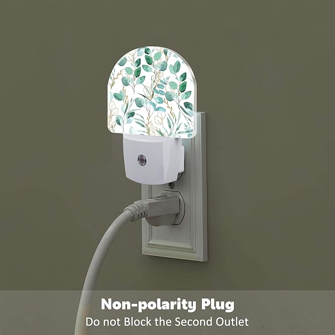 Green and Gold Eucalyptus Leaves Night Light Plug into Wall,Watercolor Botanical Leaves Dusk to Dawn Night Light,0.5w Energy Saving Sleep Friendly Nightlights for Kids Boys Girls Home Decor
