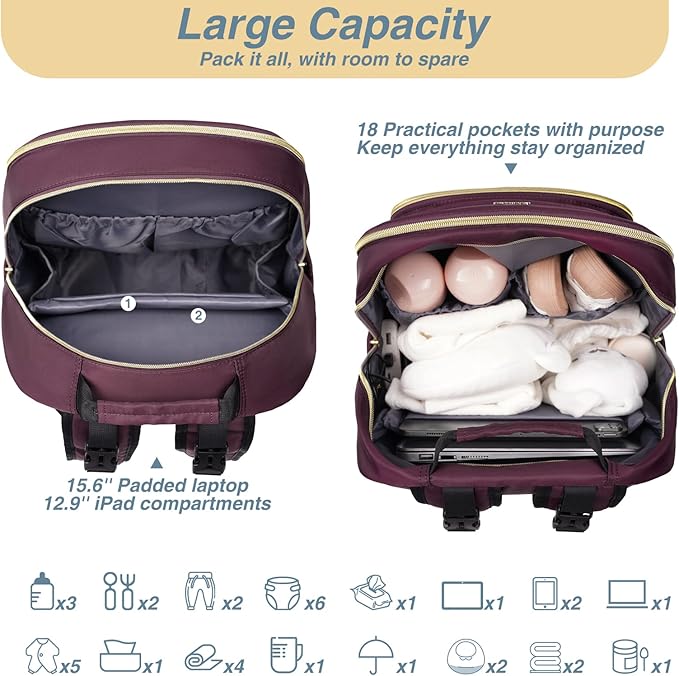 MOMUVO Diaper Bag Backpack, Quilted Baby Bag with Changing Pad & Stroller Straps & Pacifier Case, Large Travel Diaper Bags for Mom Dad, Dark Purple