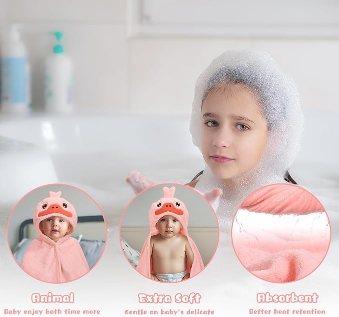 Toddler Bath Towels Age 1-2, Soft Absorbent Animal Hooded Towel for Kids Girls, 2 Pack 50" x 32" Large Thick Baby Towels with Hood, White Panda & Pink Duck Set