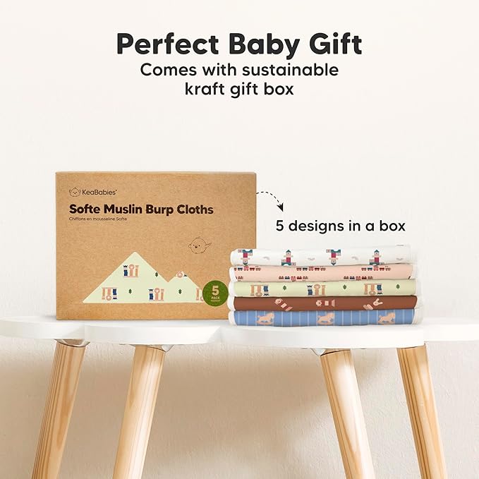 5-Pack Muslin Burp Cloths Baby Boy, Girl - Very Absorbent Baby Burp Cloth Rags, 8-Layers Viscose Derived from Bamboo Cotton Muslin Towel, Super Soft Spit Up Rags, No Shrink Washcloths (Toy Land)