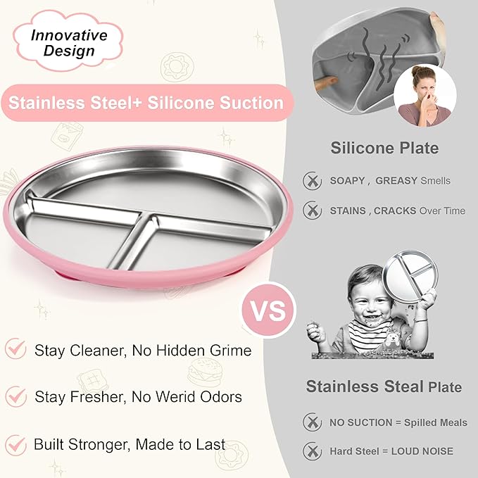 Bella's Friends Stainless Steel Toddler Plates Silicone Suction,3 Packs Non-Slip Baby Plates,Divided Portion,Food-Grade Silicone Plate for Kids,LEAD-FREE Dishwasher Safe,Grey Green Pink