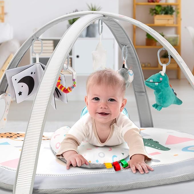 Lupantte 7-in-1 Baby Play Gym Mat with 2 Washable Covers, Infant Activity Mat with 6 Sensory Toys for Visual, Hearing & Cognitive Development, Thick Non-Slip Playmat for Babies & Toddlers