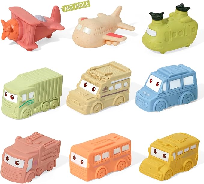 Mold Free Baby Bath Toys, 9 PCS No Hole Vehicle Bath Toys, Soft & Safe Toddler Bath Toy Set, Bathtub Water Beach Pool Toys for Babies 6-12 Months, Baby Gift for Christmas, Birthday, Stocking Stuffers