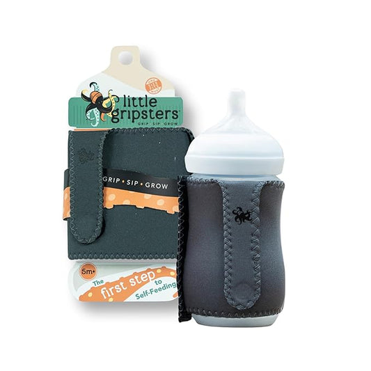 Baby Bottle Sleeve for Self-Feeding - Neoprene Baby Bottle Cover for Infants & Toddlers - BPA-Free, Adjustable Velcro Fit - for Ages 5 to 18 Months - Machine Washable (Pebble Grey)