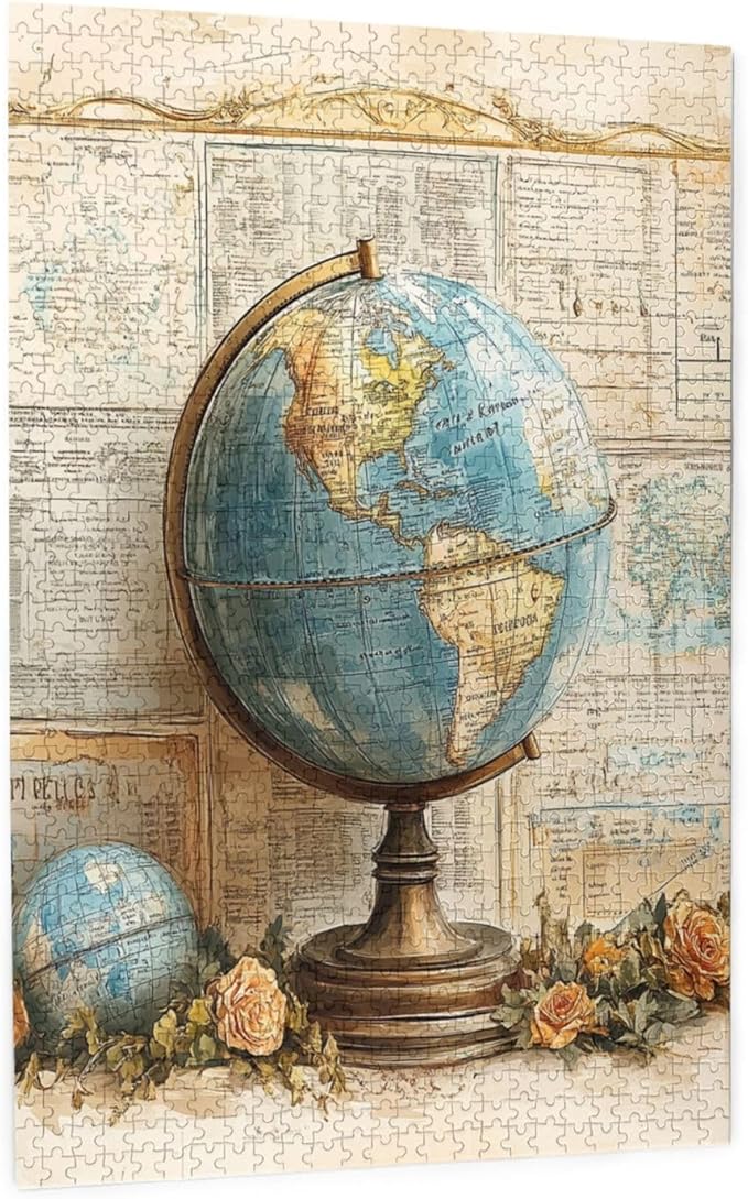 Elegant Globe Puzzle，World Map Inside, Vintage Backdrop, and Rose Detailing，1000 Piece Adults Wooden Jigsaw Puzzle，Puzzles Suitable for Entertaining with Family During Holidays