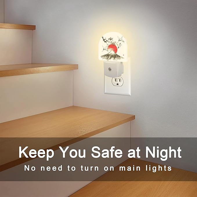 Red Sun Fuji Mountain and Storks Night Light Plug into Wall, Ink Landscape Painting Dusk to Dawn Night Light Plug in,0.5w Energy Saving Sleep Friendly NightLight for Kids Boys Girls Home Decor