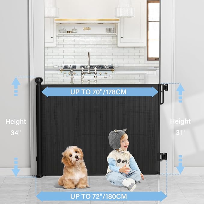 PRObebi Retractable Baby & Dog Gate - Extends to 72" Wide, 34" Tall, for Stairs, Doorways, Hallways, Outdoor, Deck, Porch