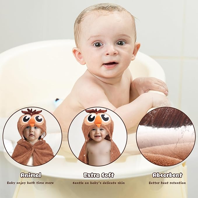 Baby Hooded Towels for Boys 0-5 Years,Ultra Thick Soft & Absorbent Towel for Toddler Boy, 50 x 32 Inches Large Size Coral Fleece with Animal Hood and Buttons, Brown Owl