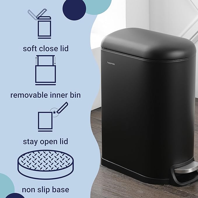 happimess HPM1010B Roland 10.6-Gallon Step-Open Trash Can with Soft-Close Lid, Modern, Minimalistic, Fingerprint Proof for Home, Kitchen, Laundry Room, Office, Bedroom, Bathroom, Black