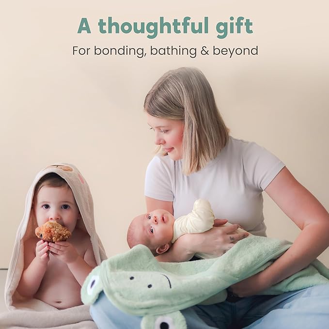 CuddleBug Hooded Baby Bath Towel & Washcloth Set (Frog) - 100% Cotton Terrycloth Hooded Baby Towels for Newborn & Toddler, Super-Soft & Ultra-Absorbent, Newborn Essentials (30" x 30") - Sage Green