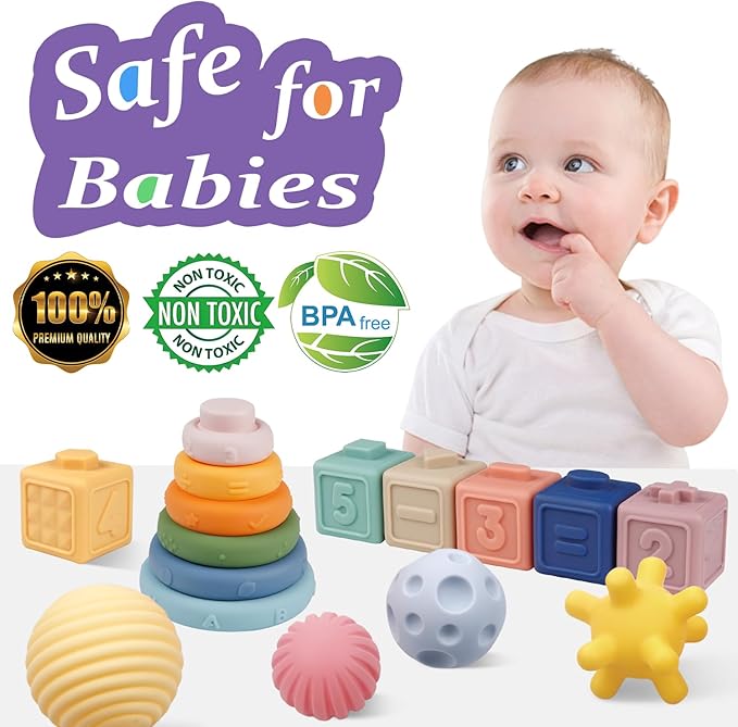 Montessori Toys for Babies,Soft Stacking Building Blocks Rings Balls Sets,3 in 1 Baby Toy Bundle,Sensory Toy for Kids, Soft Teething Toys for Babies,Baby Gifts for Boy Girl