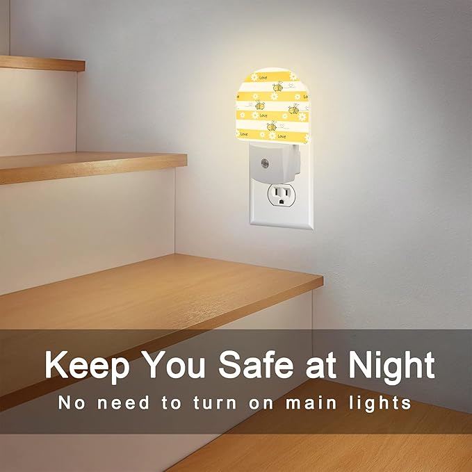 Cartoon Bees with Daisy Flowers Night Light Plug into Wall, Yellow Floral Bee Love Dusk to Dawn Night Light,0.5w Energy Saving Sleep Friendly Nightlights for Kids Boys Girls Home Decor