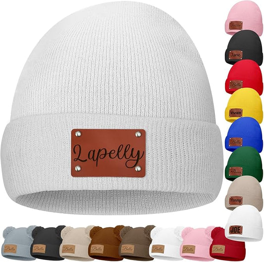 Custom Baby Beanies Personalized Toddler Winter Hats Name Leather Patch Kids Knit Warm Hat for Infant Boys Girls Adult