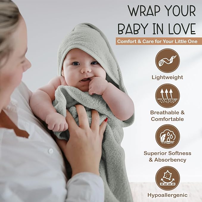 Organic Cotton Plush Woven Hooded Baby Towels, 31x31 Inches, Plush Bath Towels with Hood for Newborns and Kids, Girls & Boys (Moss Green, 31.4" L x 31.4" W)