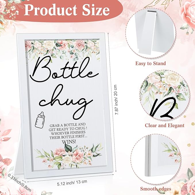 Roowest Bottle Chug Baby Shower Game Favors Including Flower Theme Bottle Chug Game Wooden Sign and 18 Pcs Pink Baby Bottles for Baby Shower Game Gender Reveal Party Supplies